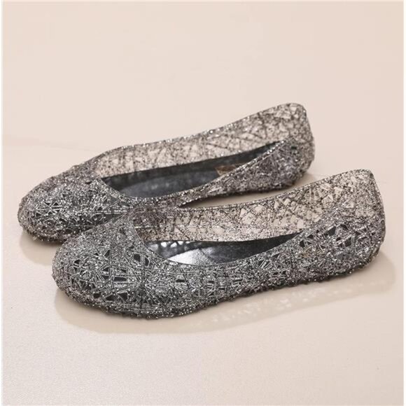Womens Jelly Sandals, White Jelly Shoes Glitter Flats for Women Size 9, Slip On - Picture 4 of 7